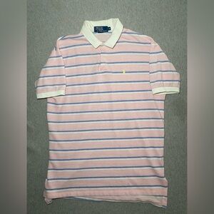 Ralph Lauren POLO Shirt Yellow Pony Pink White Blue Striped Medium Made USA